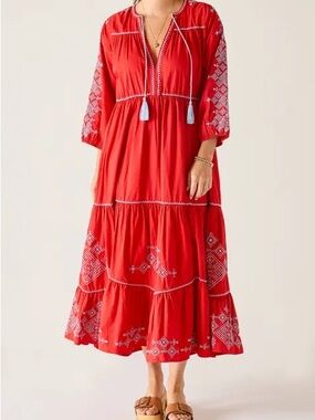 Boho Red Embroidered Maxi Dress with Tassel Tie